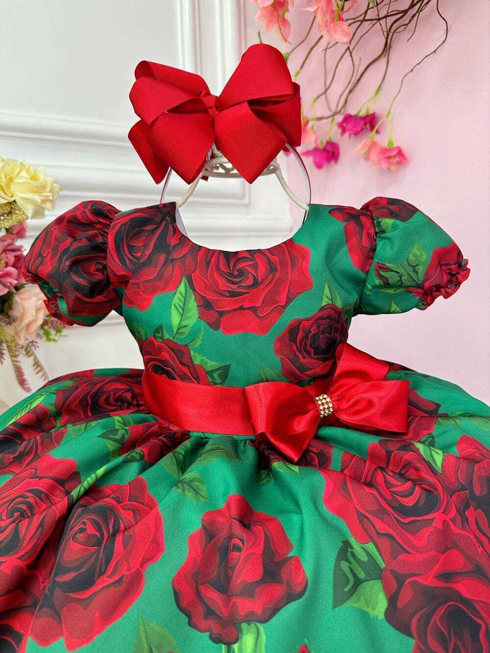 Vestido Infantil Verde Florido de Rosas Natal Festas Luxo