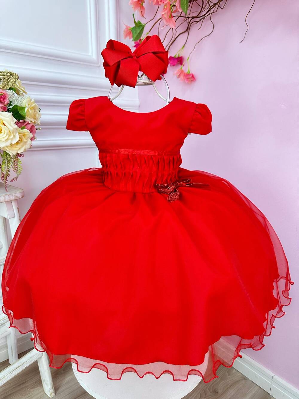 Vestido Infantil Vermelho Busto Plissado Lacinho Festa Natal