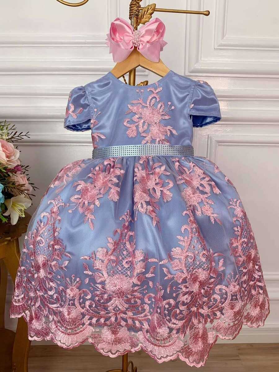 Vestido Infantil Azul Bordado e Renda Realeza Rosa C/ Strass