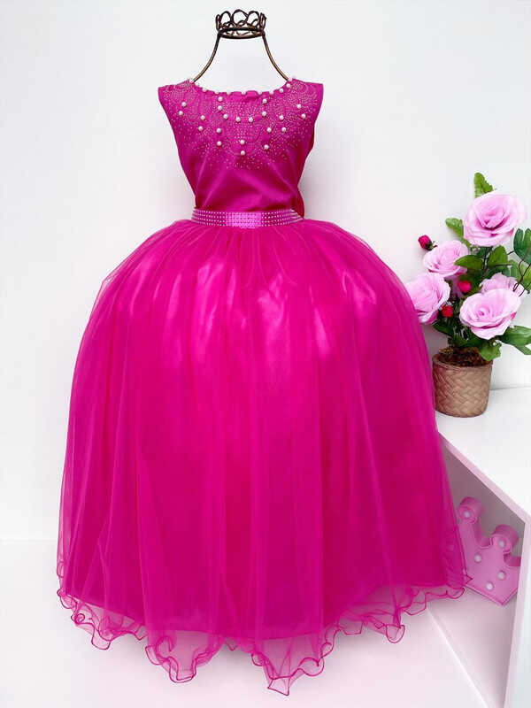 Vestido Infantil Damas de Honra Longo Pink Strass e Pérolas