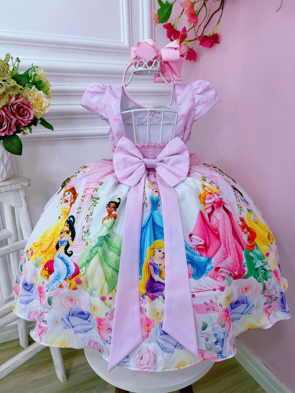 Vestido Infantil Princesas Rosa C/ Cinto de Pérolas Luxo