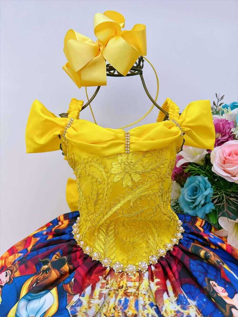 Vestido Infantil Bela e a Fera Amarelo C/ Renda Pérolas Luxo