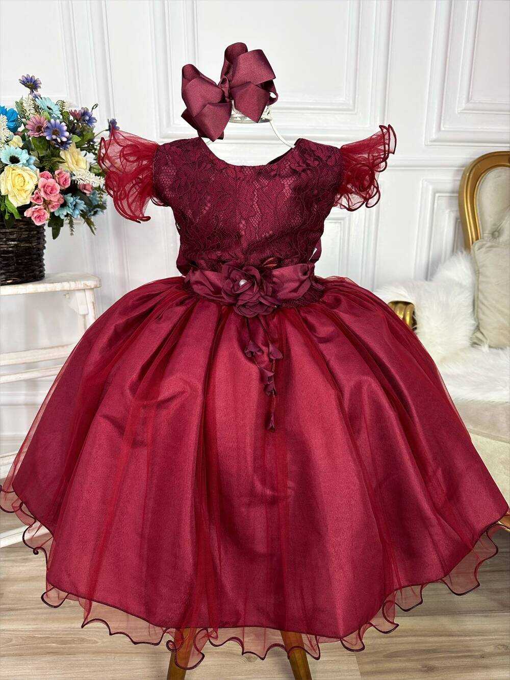 Vestido Infantil Marsala C/ Renda e Broche de Flor e Pérola