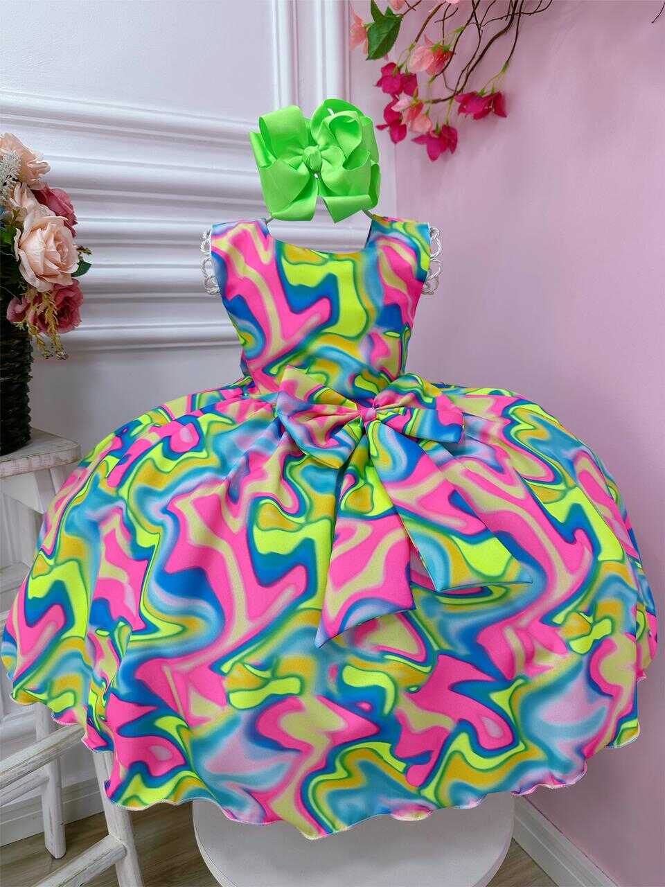 Vestido Infantil Barbie Colorido Neon C/ Broche de Laço