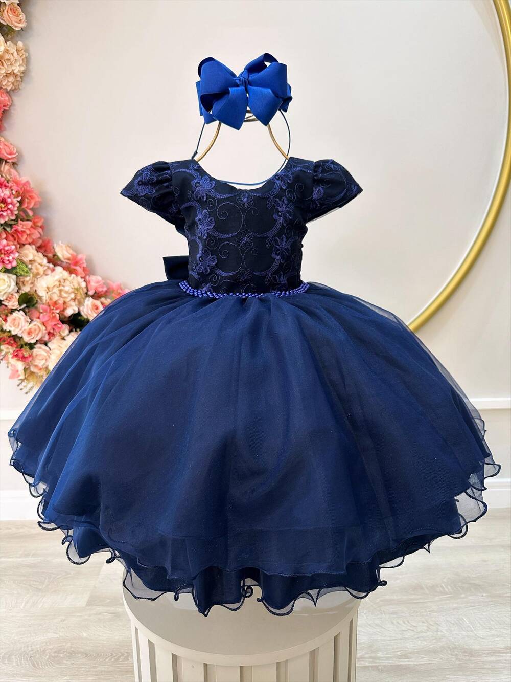 Vestido Infantil Azul Marinho C/ Renda e Cinto de Pérolas