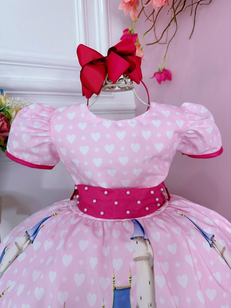 Vestido Infantil Encontro das Princesas Rosa C/ Corações