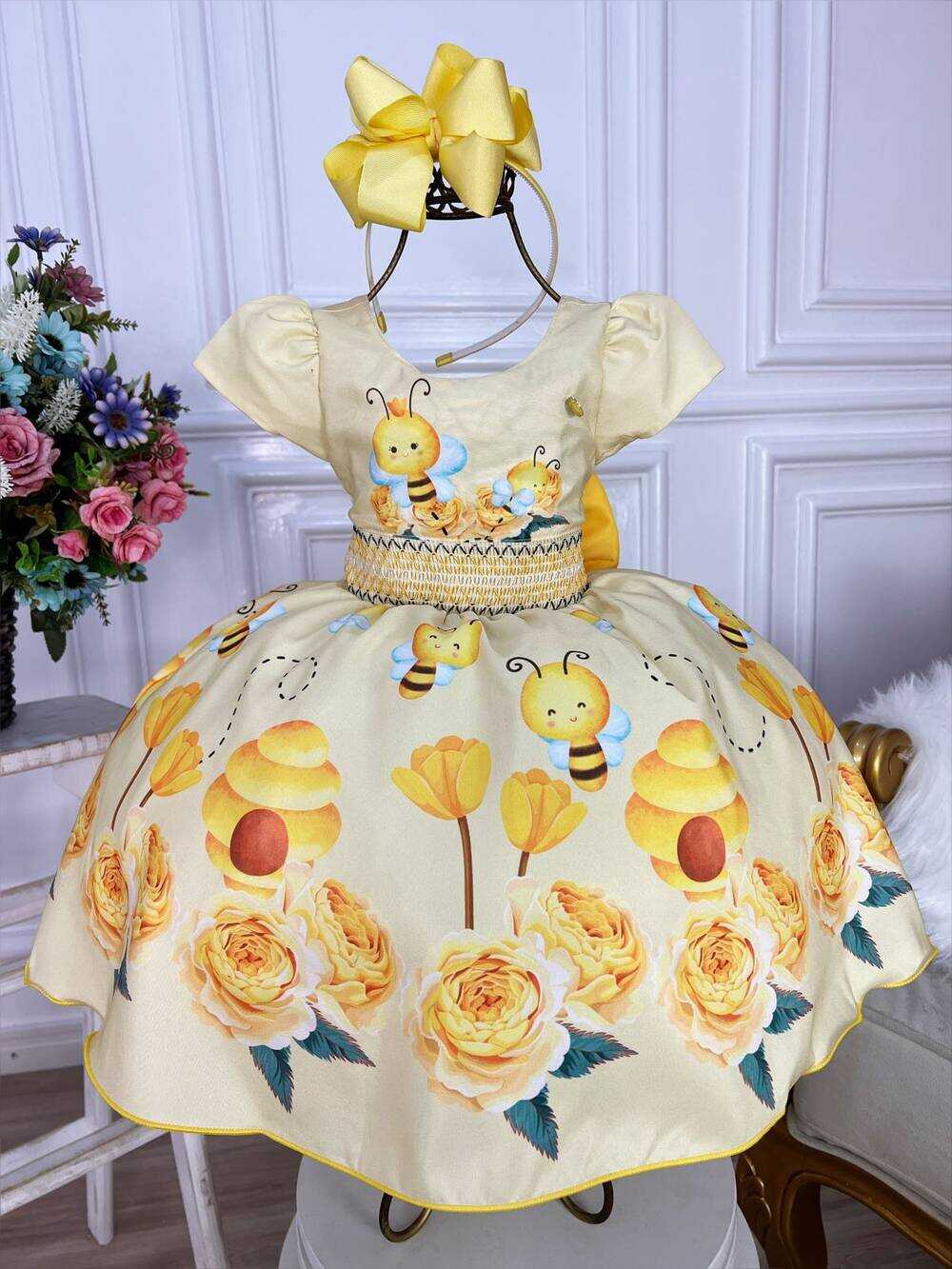 Vestido Infantil Amarelo Abelhinha Mel Florido