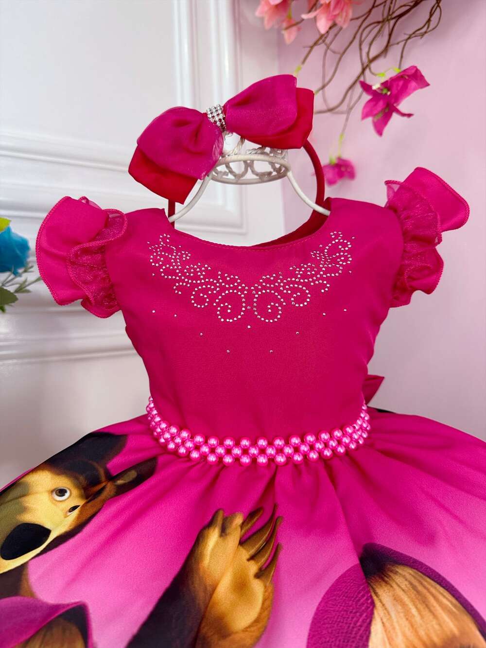 Vestido Infantil Masha e o Urso na Floresta C/ Tiara Strass