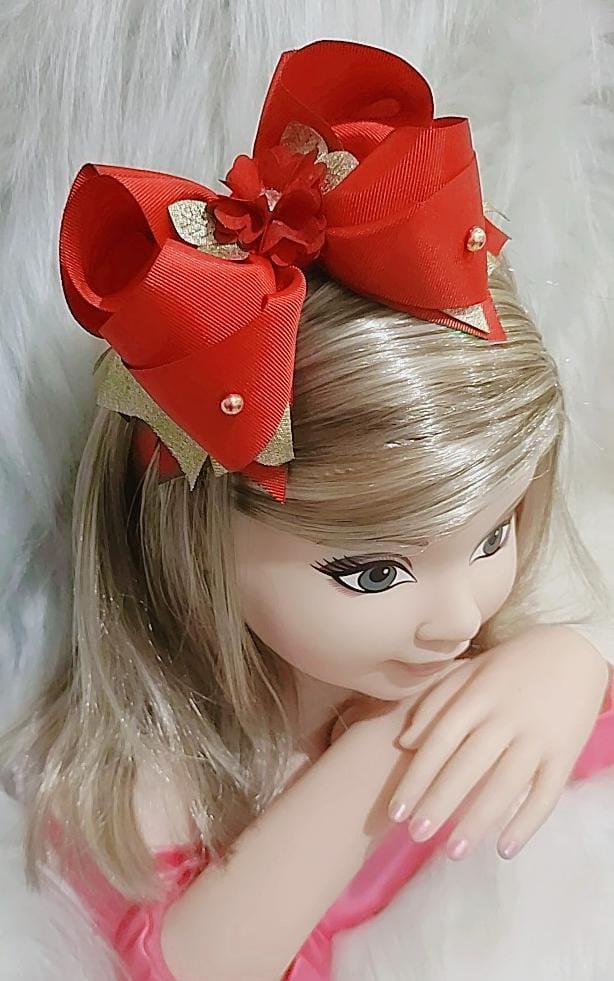 Tiara Infantil Vermelho e Dourado Aplique Flor Princesas