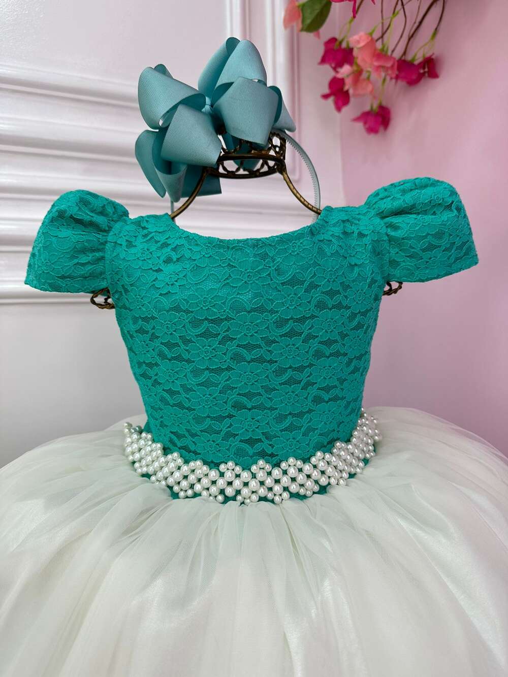 Vestido Infantil Verde C/ Renda Saia Off White Damas Longo