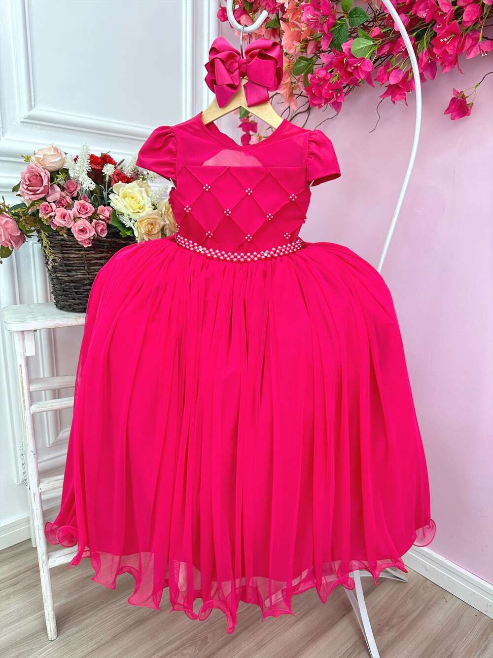 Vestido Infantil Pink Com Busto Nervura e Pérolas Damas