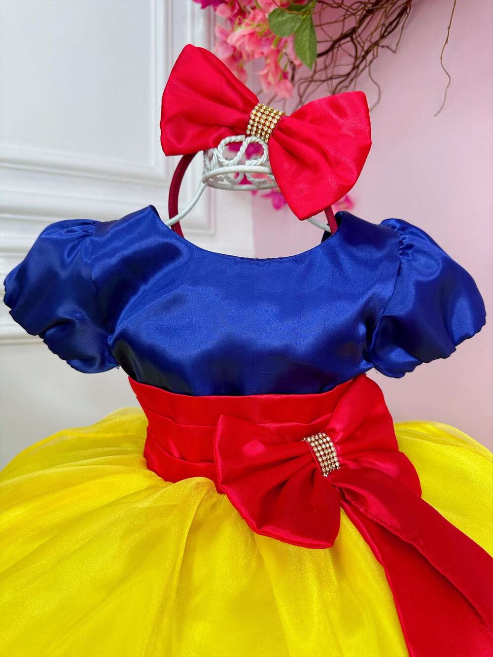 Vestido Fantasia Infantil Branca de Neve Capa e Tiara e Luva