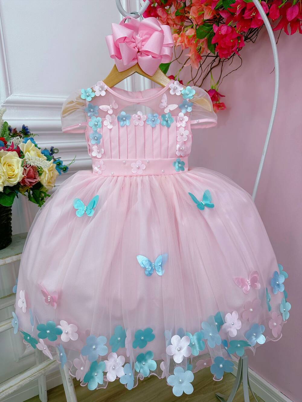 Vestido Infantil Rosa Busto Plissado Aplique Flores Borboleta