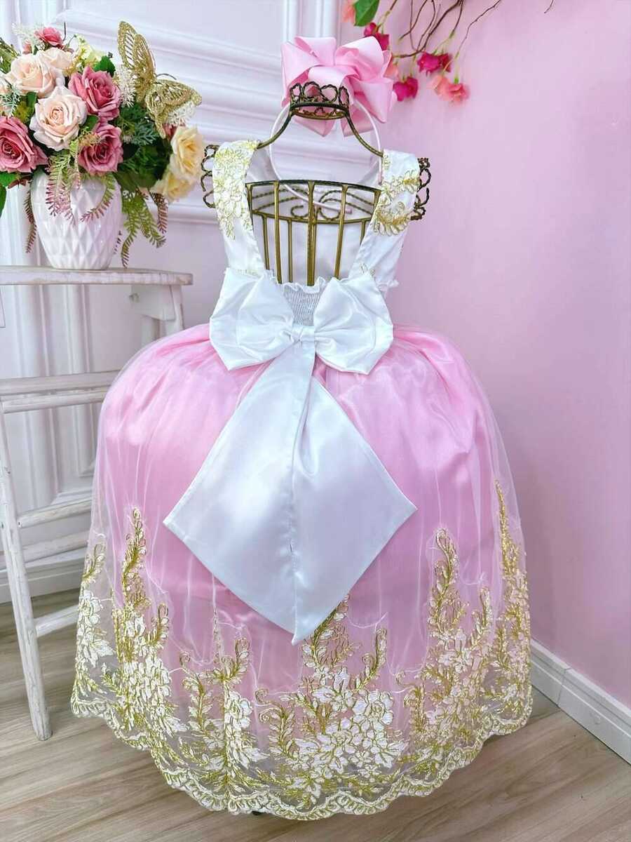 Vestido Infantil Branco Com Rosa e Renda Realeza Daminhas