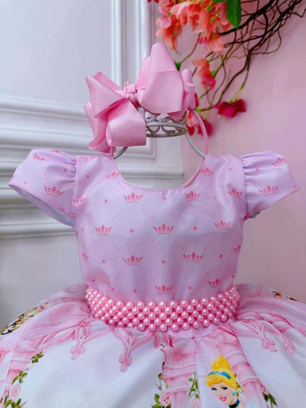 Vestido Infantil Princesas Rosa C/ Cinto de Pérolas Luxo