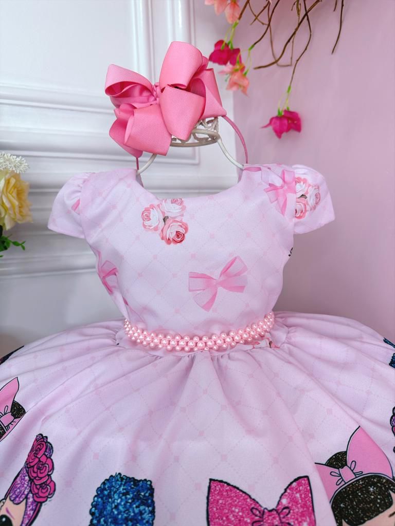 Vestido Infantil Lol Rosa Flores e Cinto de Pérolas Luxo