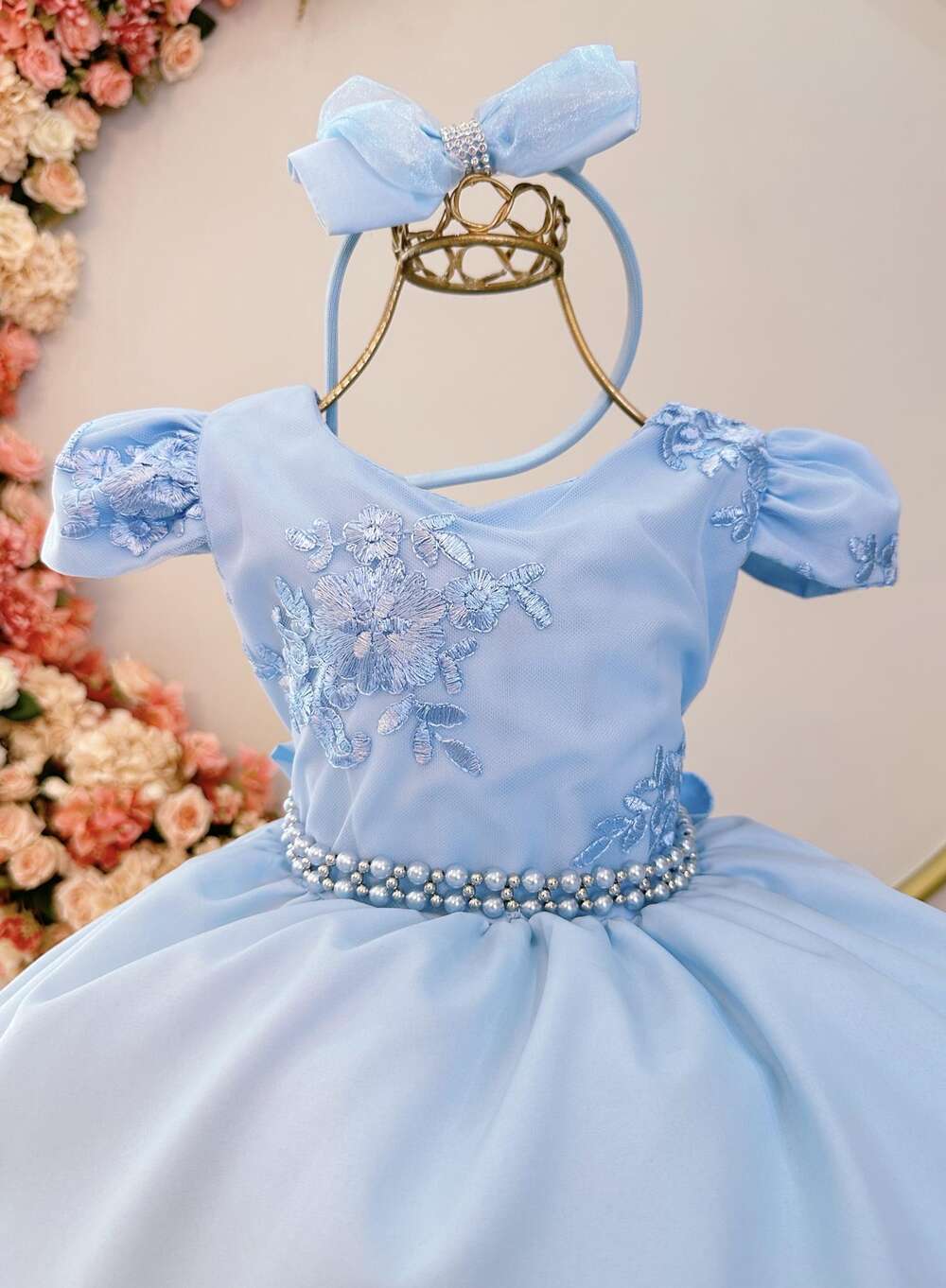 Vestido Infantil Azul Bebê Tiara C/ Renda e Cinto de Pérolas