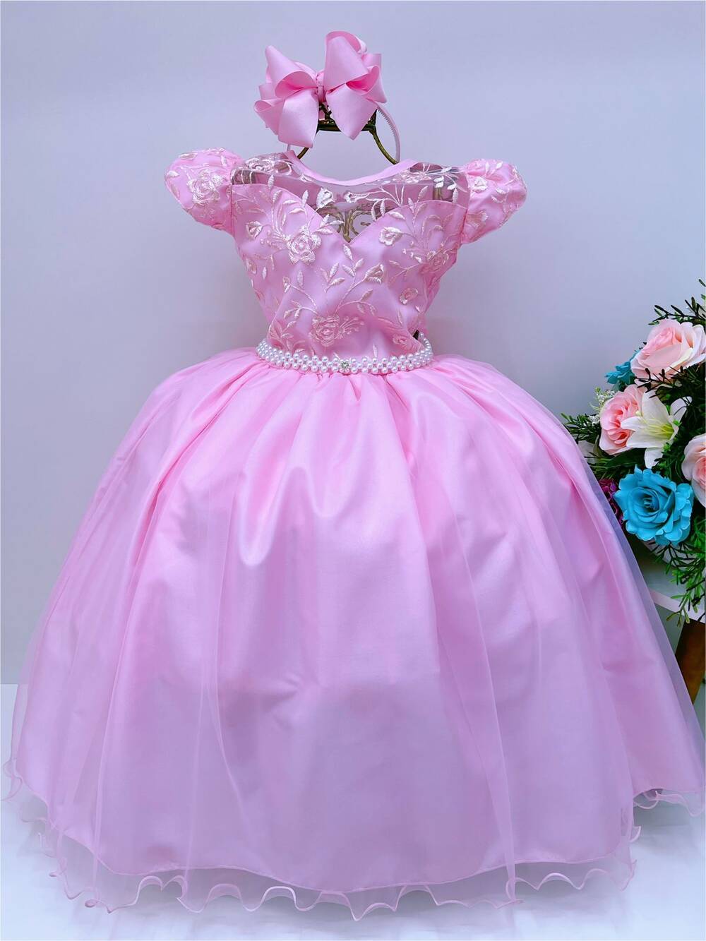 Vestido Infantil Dama Honra Rosa Casamento Renda Pérola