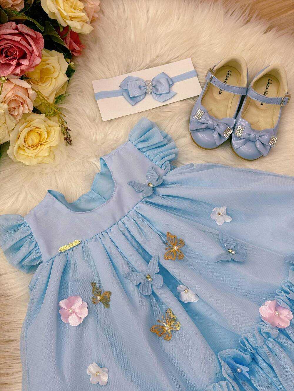 Vestido Infantil Bebê Azul Bebê Jardim Encantado Luxo