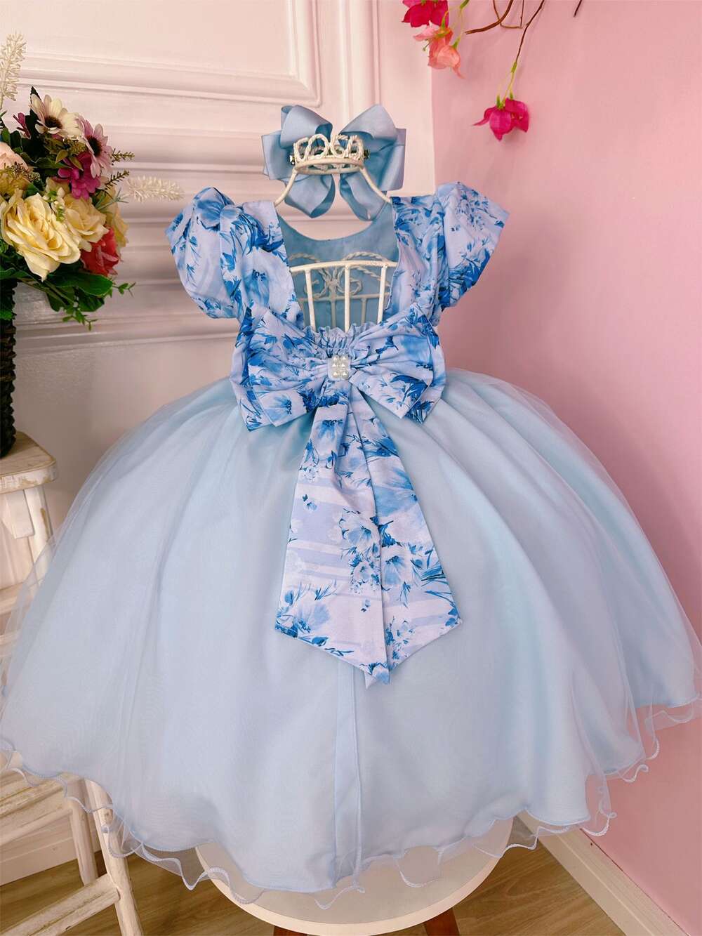 Vestido Infantil Azul Bebê C/ Peito Strass Florido Luxo