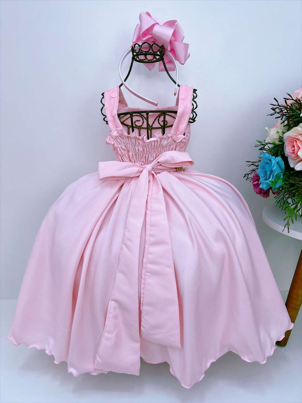 Vestido Infantil Rosa Bolinhas Aplique Flores Strass