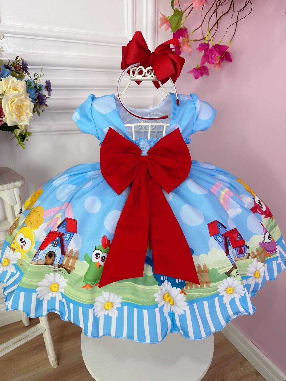 Vestido Infantil Azul Galinha Pintadinha na Fazenda Luxo