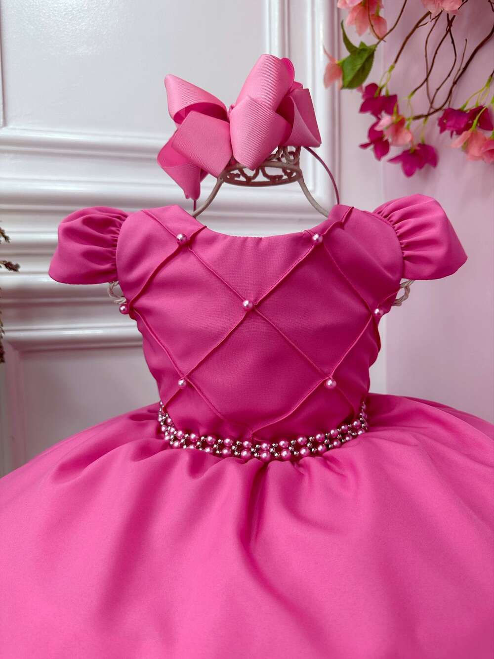 Vestido Infantil Rosa Chiclete Cinto Pérolas Damas Casamento