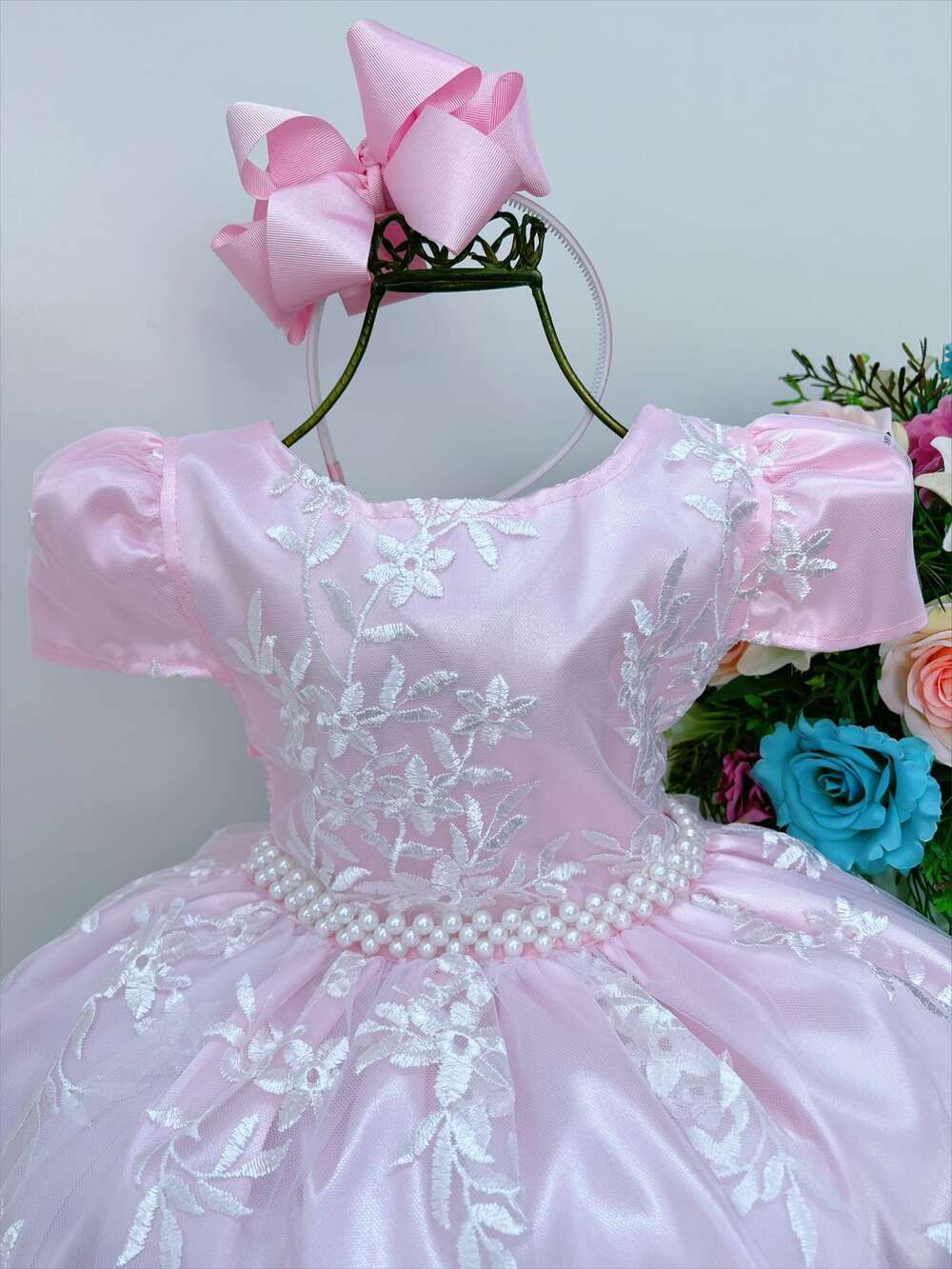 Vestido Infantil Rosa Renda Branca Realeza C/ Pérolas Luxo