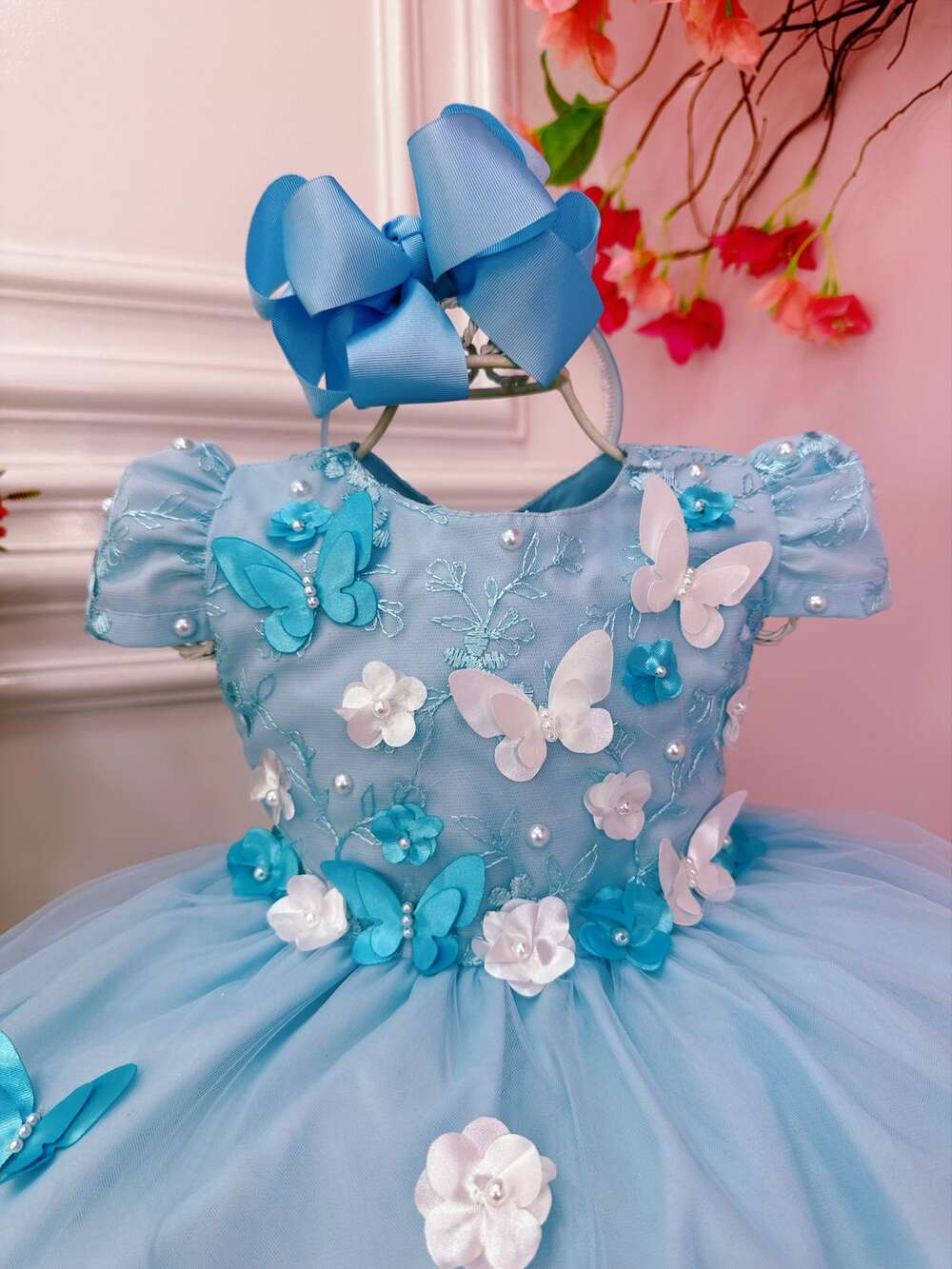 Vestido Infantil Azul Renda Aplique e Borboletas Flores