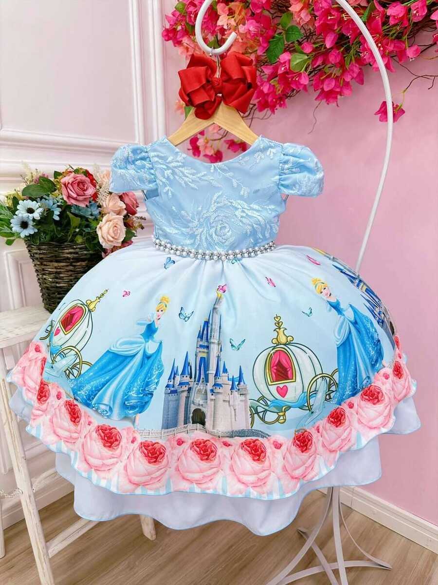 Vestido Infantil Princesa Cinderela Azul C/ Renda e Pérolas