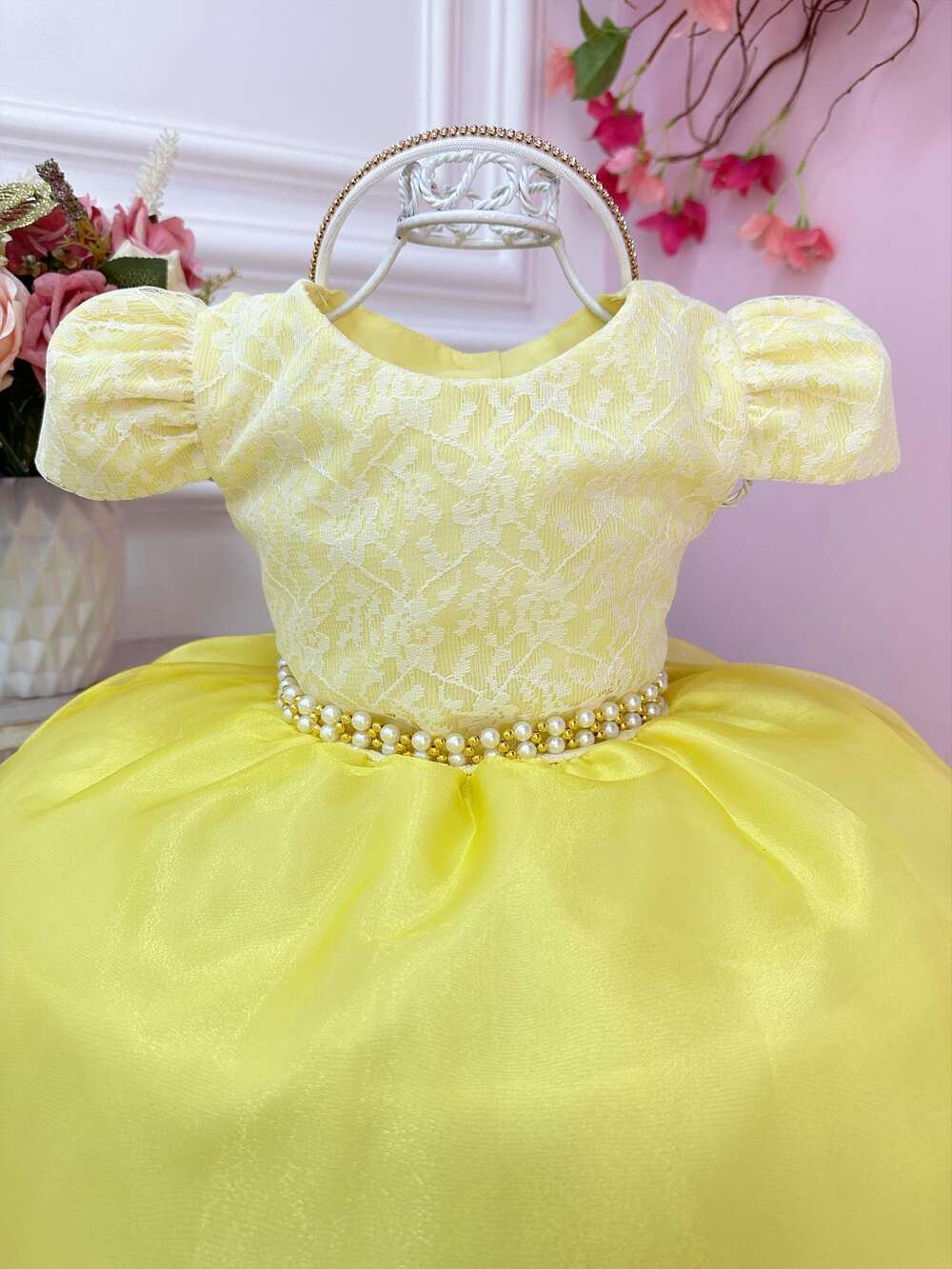 Vestido Infantil Amarelo C/ Renda Cinto Pérola e Tiara Festa