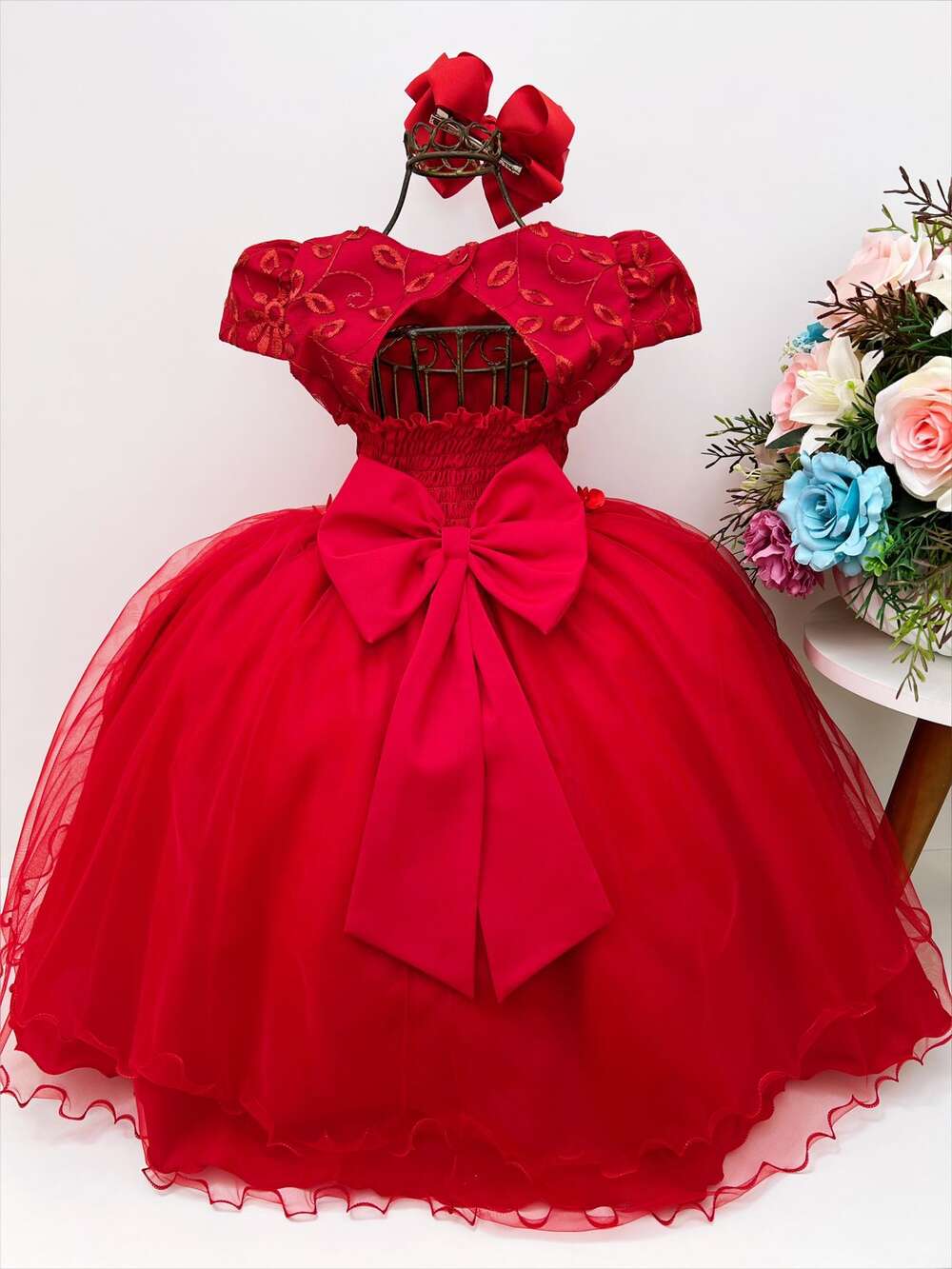 Vestido Infantil Vermelho Renda Aplique Flores Borboletas