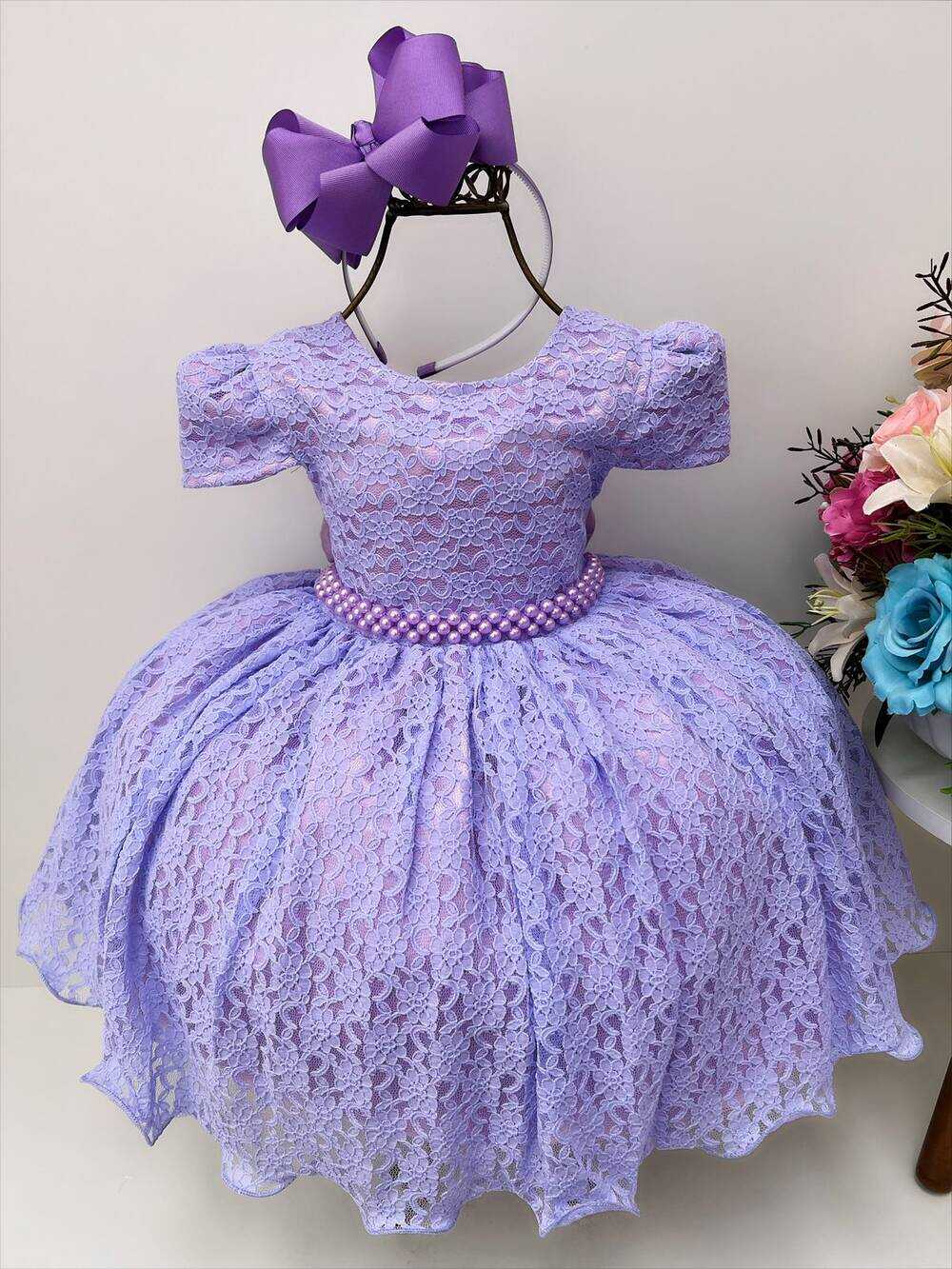 Vestido Infantil Realeza Lilás Renda e Pérolas Festa Luxo