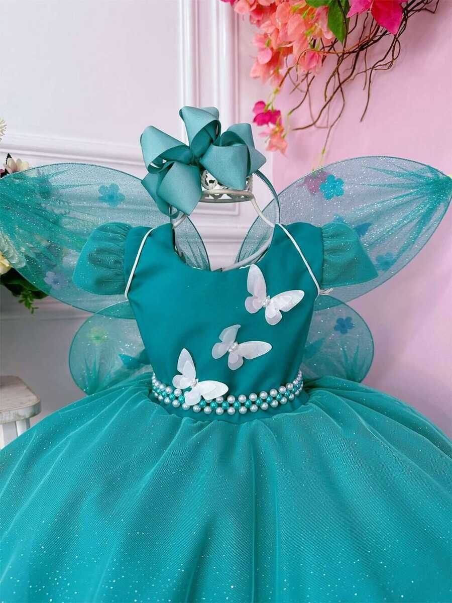 Vestido Infantil Verde Tiffany Glitter Aplique de Borboletas