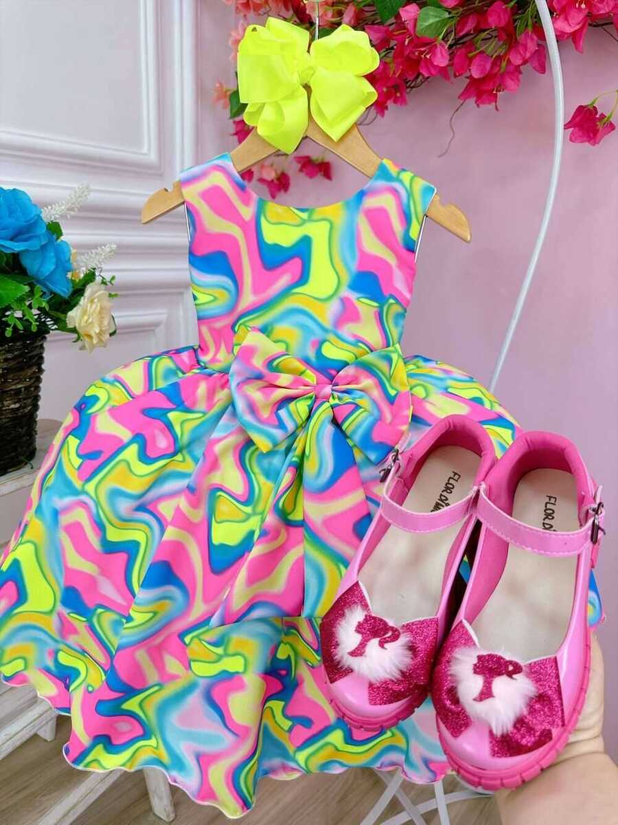 Vestido Infantil Barbie Colorido Neon C/ Broche de Laço