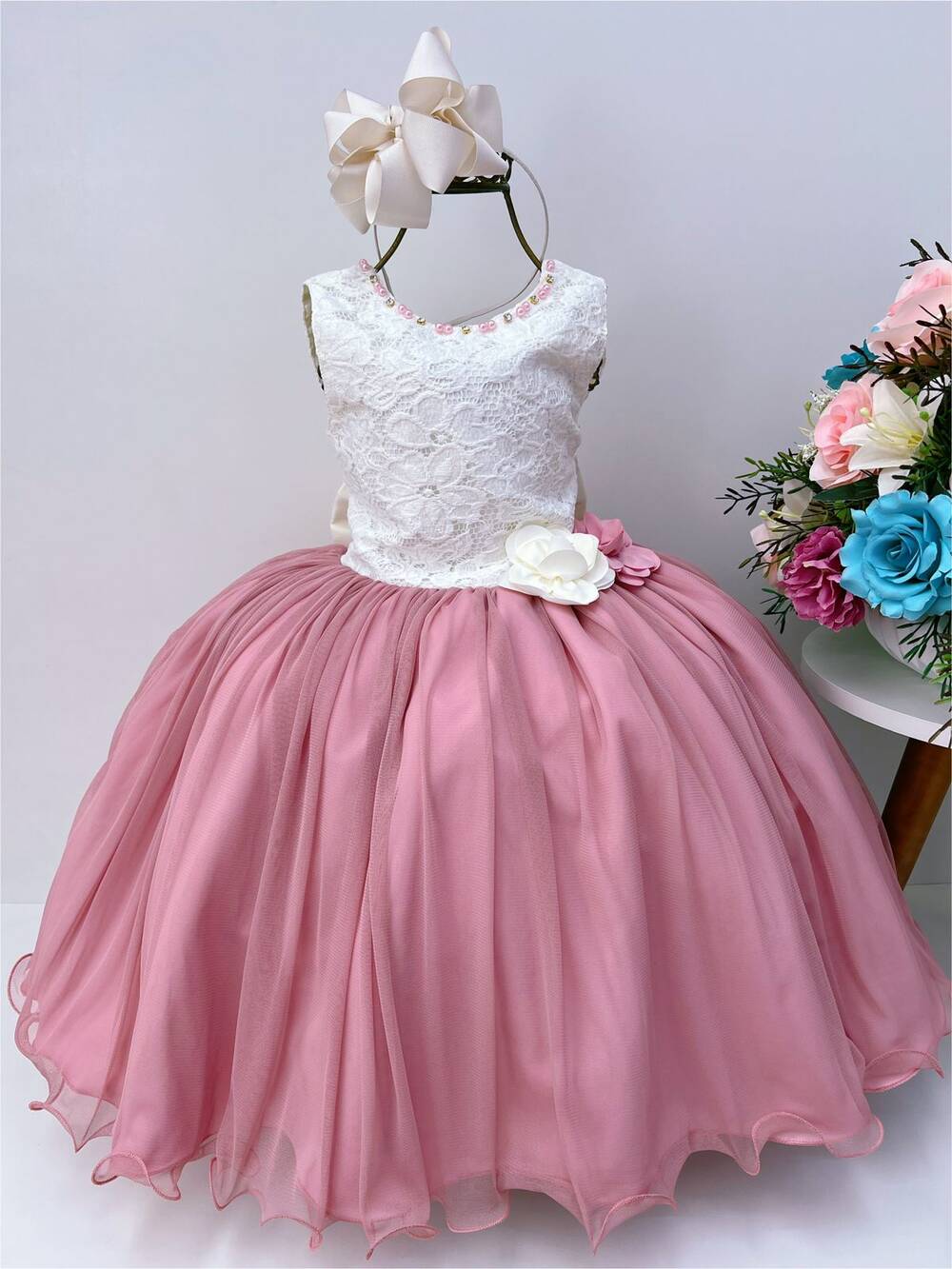 Vestido Infantil Marfim Saia Rose Aplique Flores Pérolas