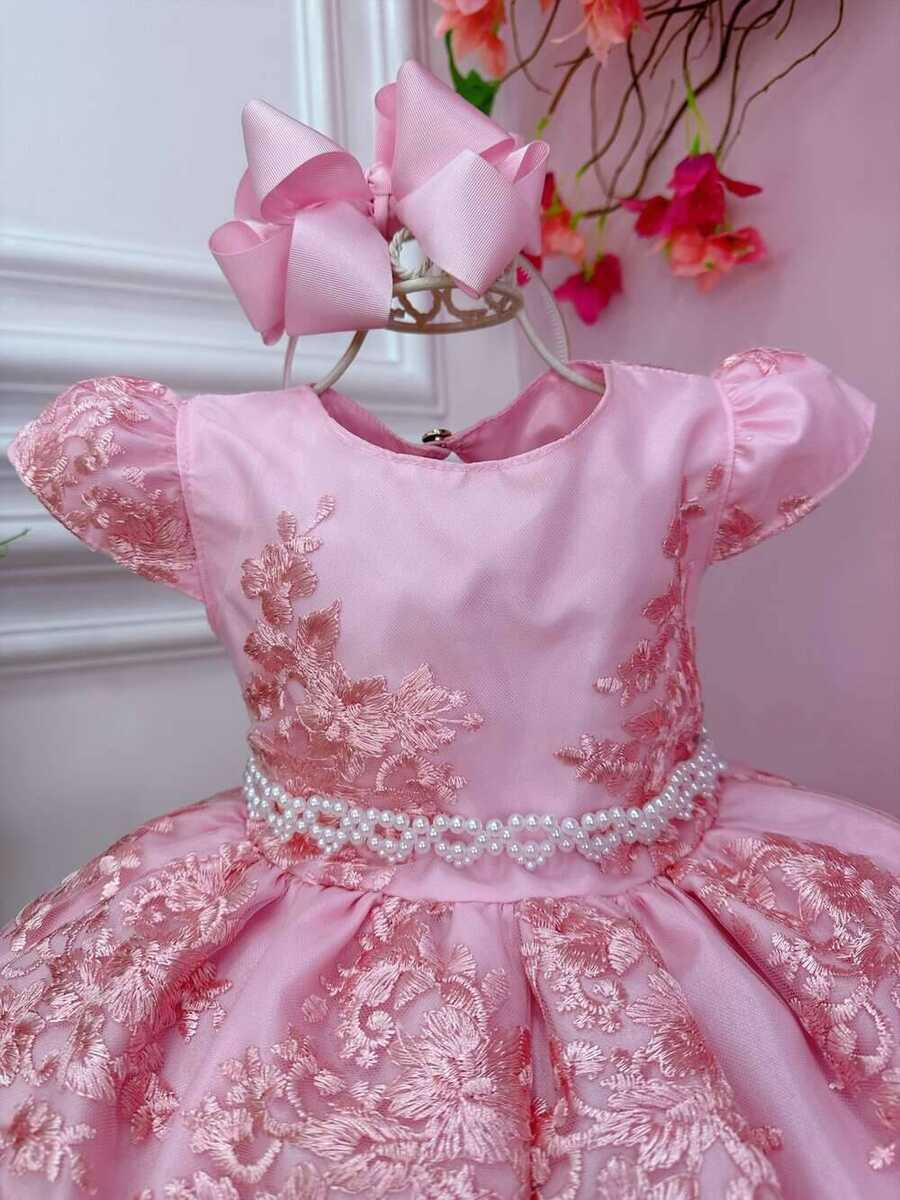 Vestido Infantil Rosa Com Renda Realeza e Cinto Pérolas