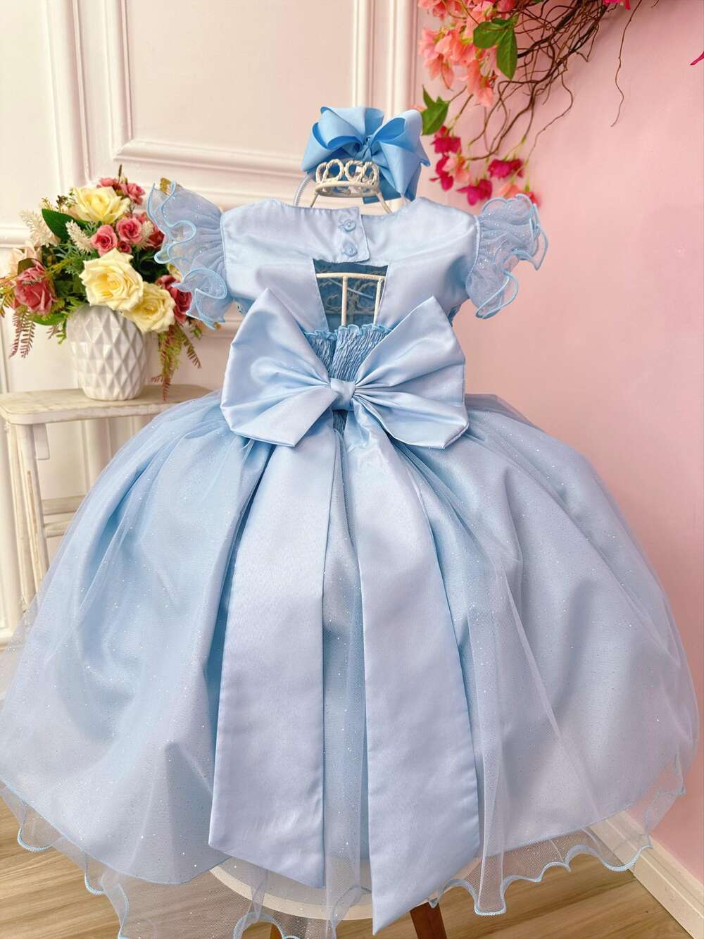 Vestido Infantil Azul Com Glitter e Broche de Flor Luxo