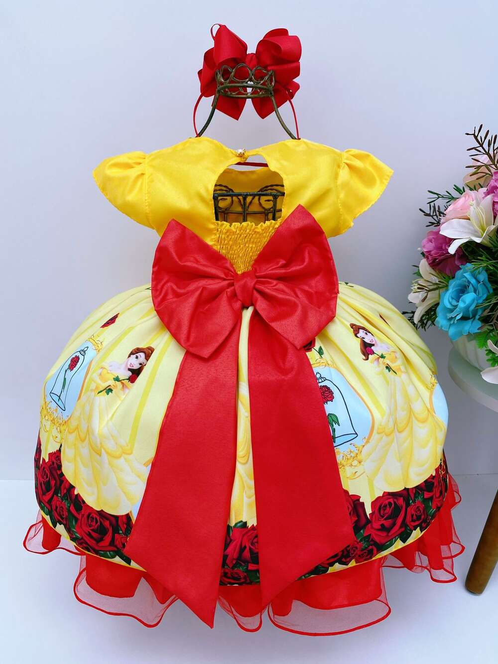 Vestido Infantil Bela e a Fera Amarelo Vermelho Flores Luxo