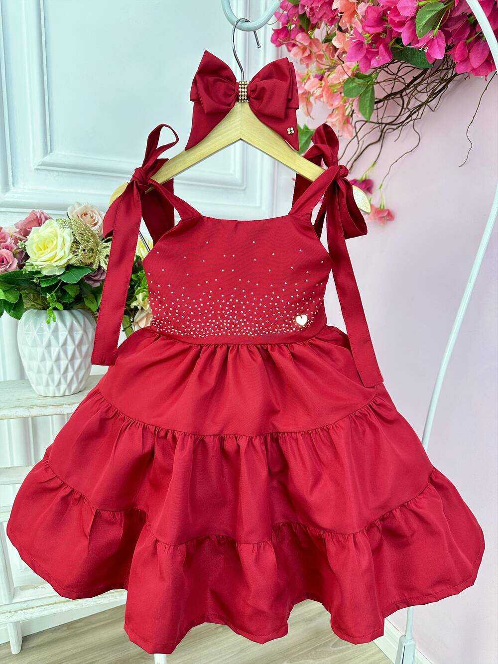 Vestido infantil Vermelho Escuro Strass Busto e Laço Festas