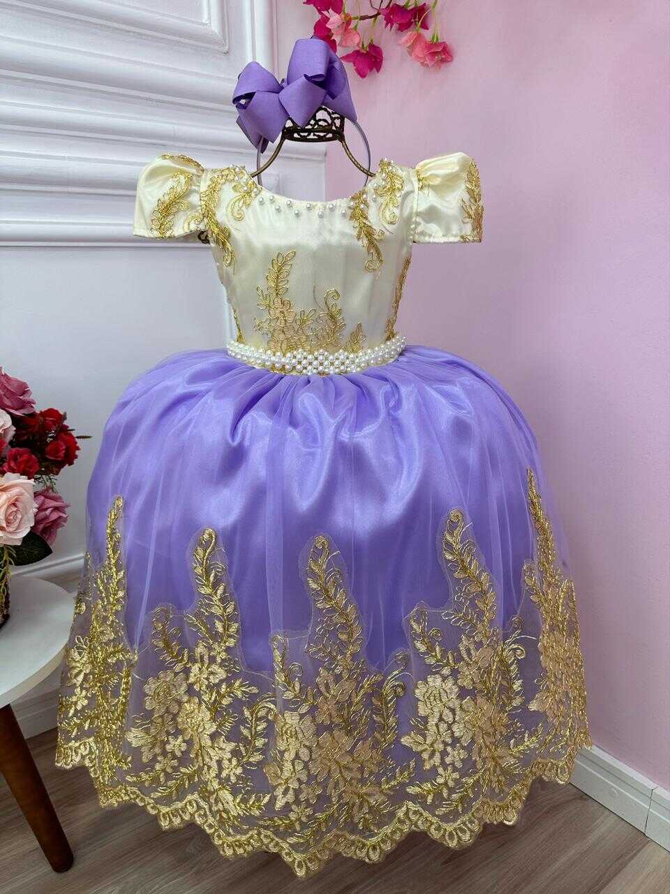 Vestido Infantil Marfim Com Lilás e Renda Realeza