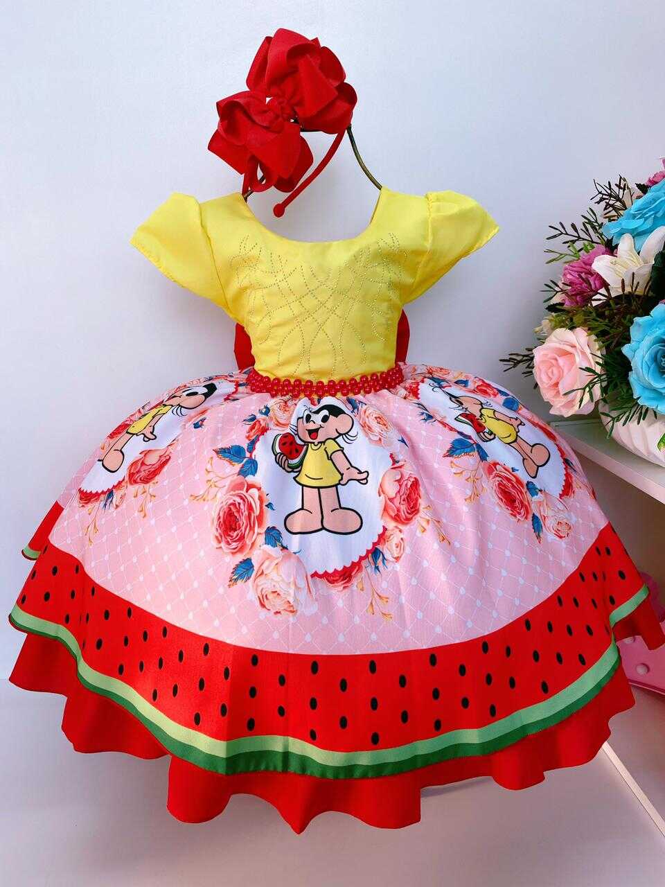 Vestido Infantil Magali Melancias Flores Amarelo e Vermelho