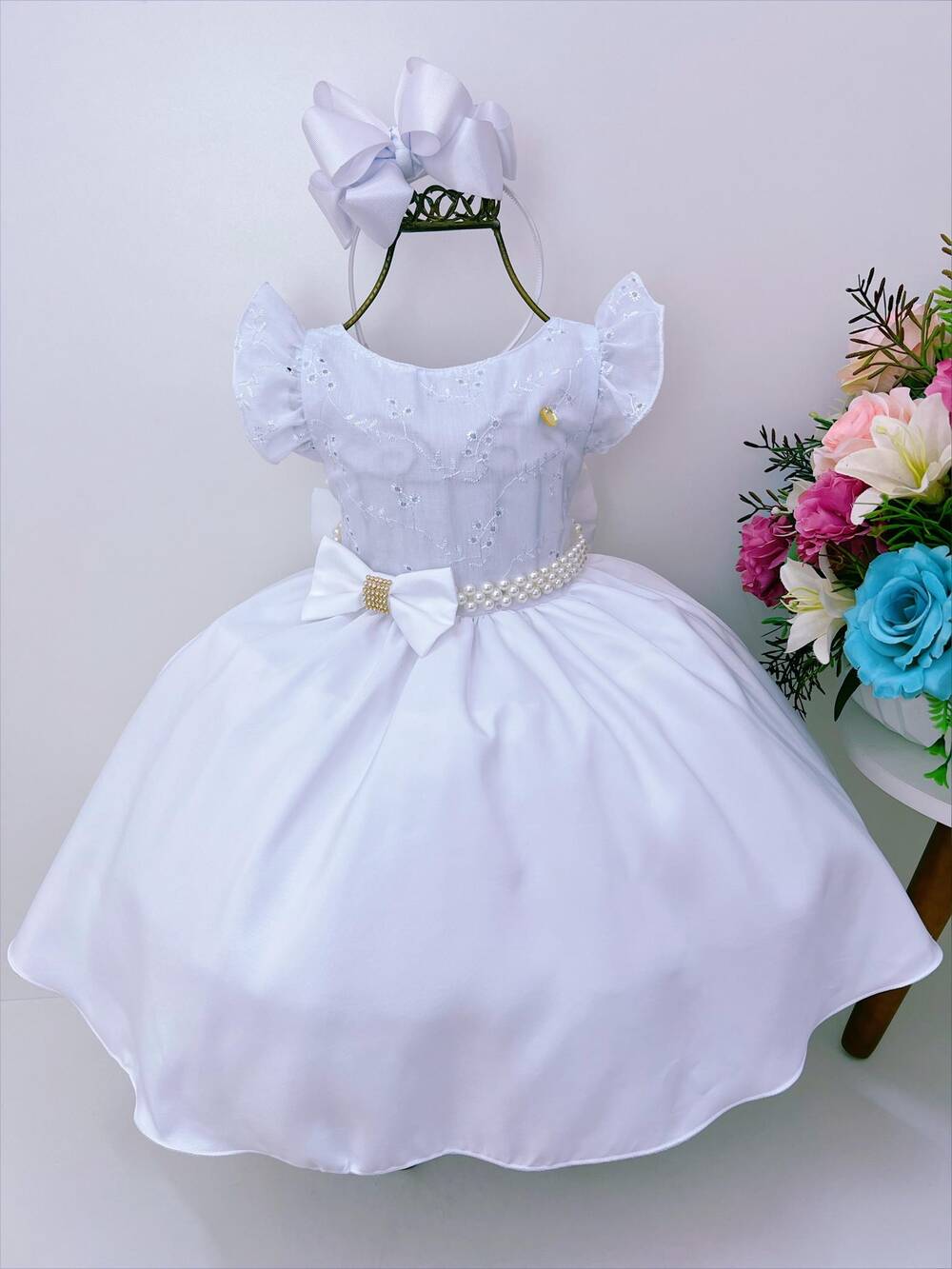 Vestido Infantil Branco C/ Renda Pérolas e Strass Luxo