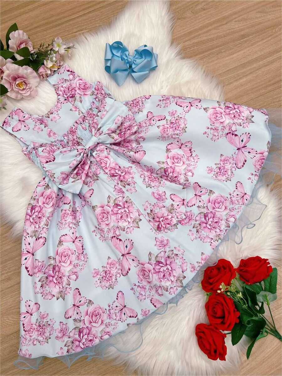 Vestido Infantil Azul Jardim das Borboletas Pérolas