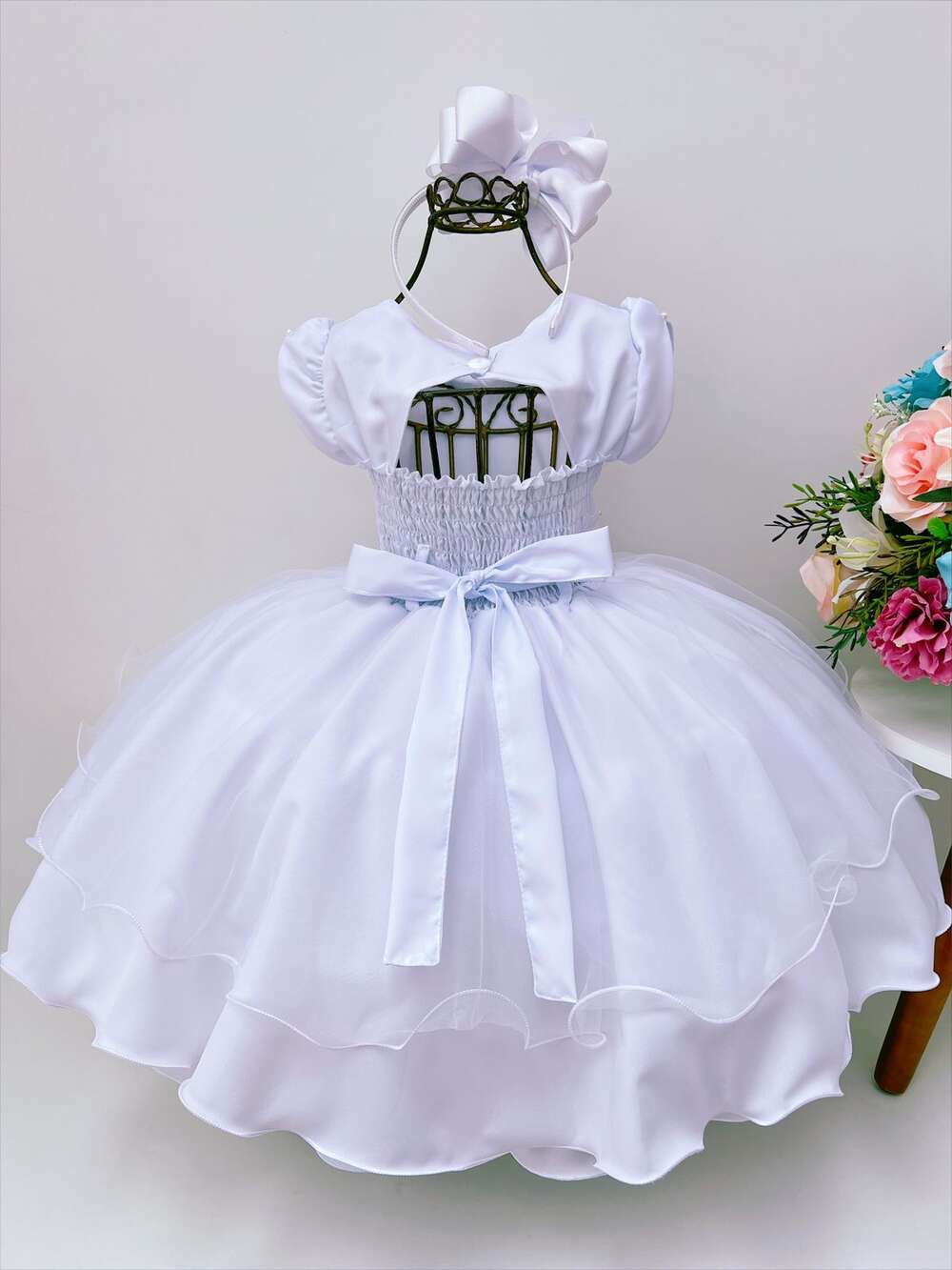 Vestido Infantil Branco Renda e Tule Cinto Pérolas