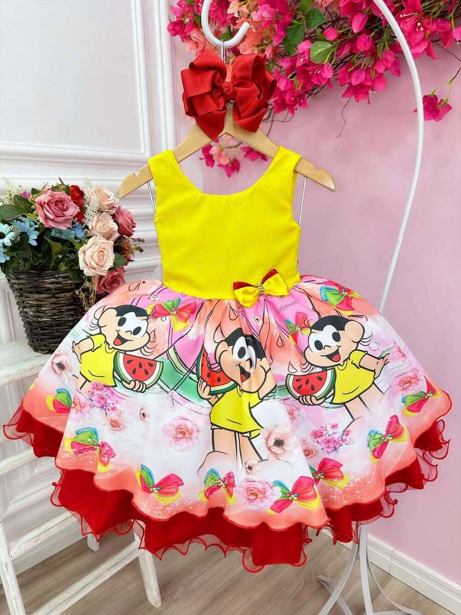 Vestido Infantil Festa da Magali Com Strass Aplique Laço