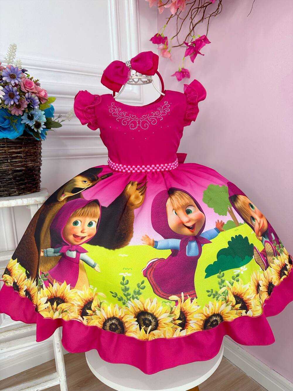 Vestido Infantil Masha e o Urso na Floresta C/ Tiara Strass