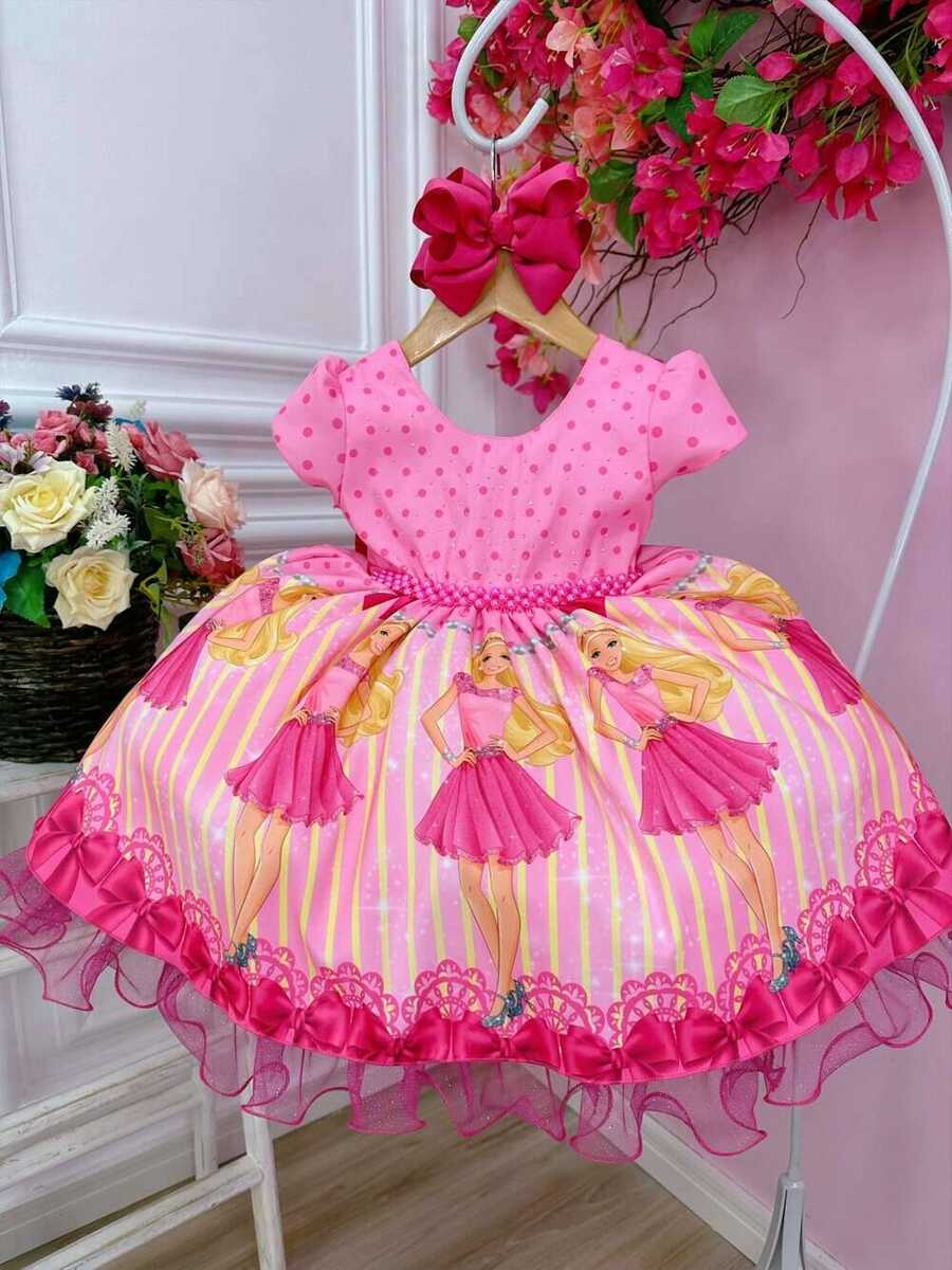 Vestido Infantil Barbie Rosa e Pink Peito C/ Strass Pérolas