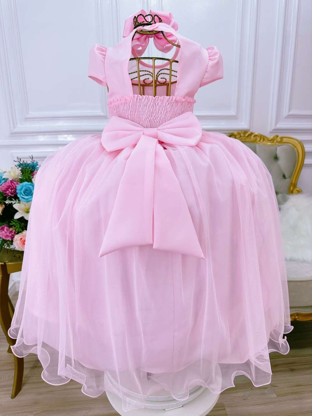 Vestido Infantil Rosa Bebê C/ Busto Nervura e Pérolas Damas