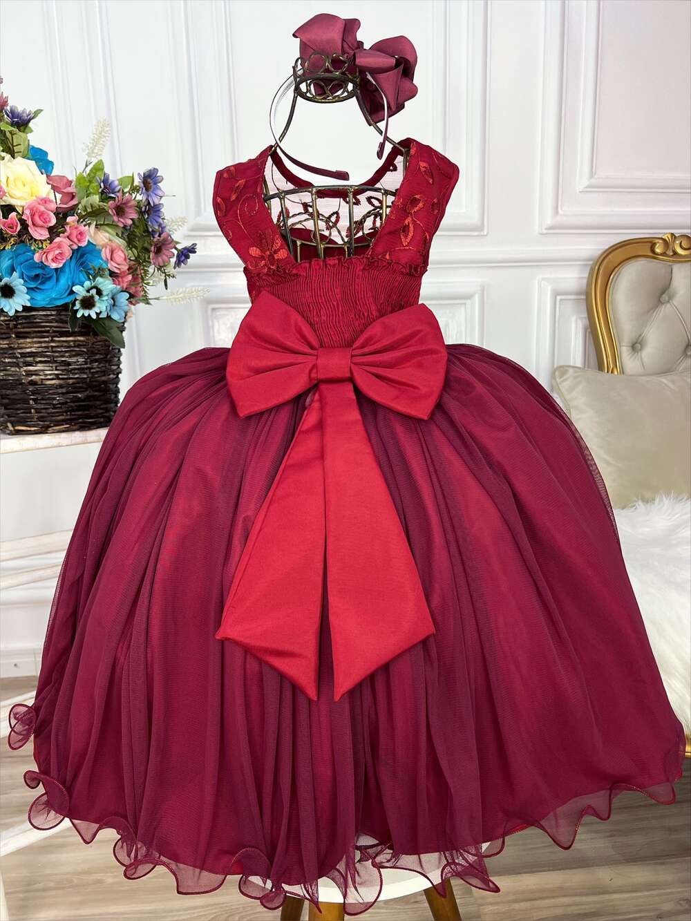 Vestido Infantil Marsala C/ Renda e Cinto de Pérolas Damas